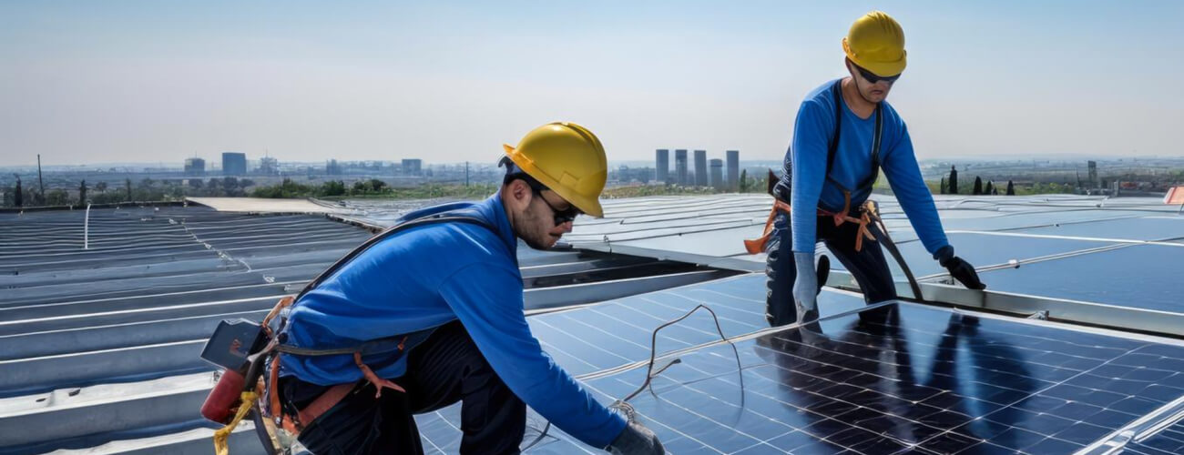 Solar installation work by ITC Limited showing renewable energy panels and professional service